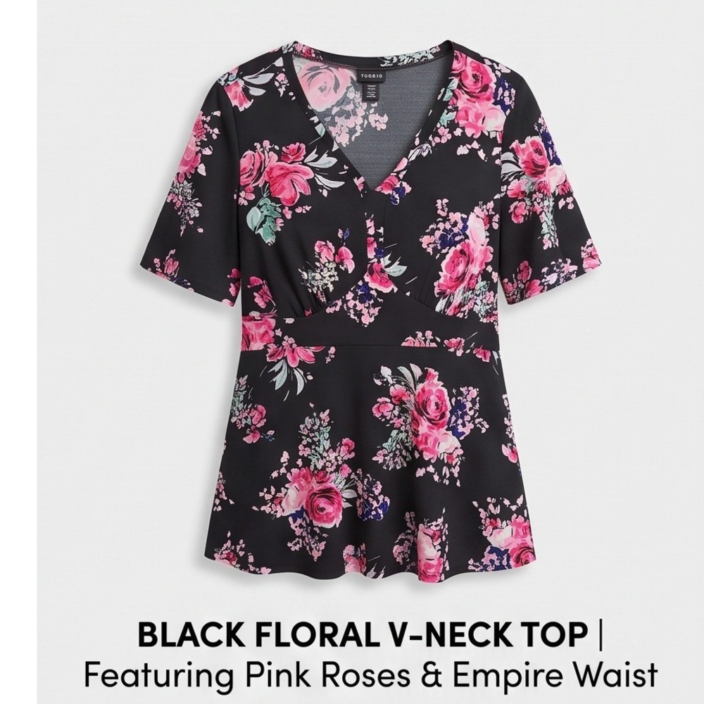 Torrid 1 Black Floral V-Neck‎ Empire Waist Short Sleeve Peplum Top Size 1X